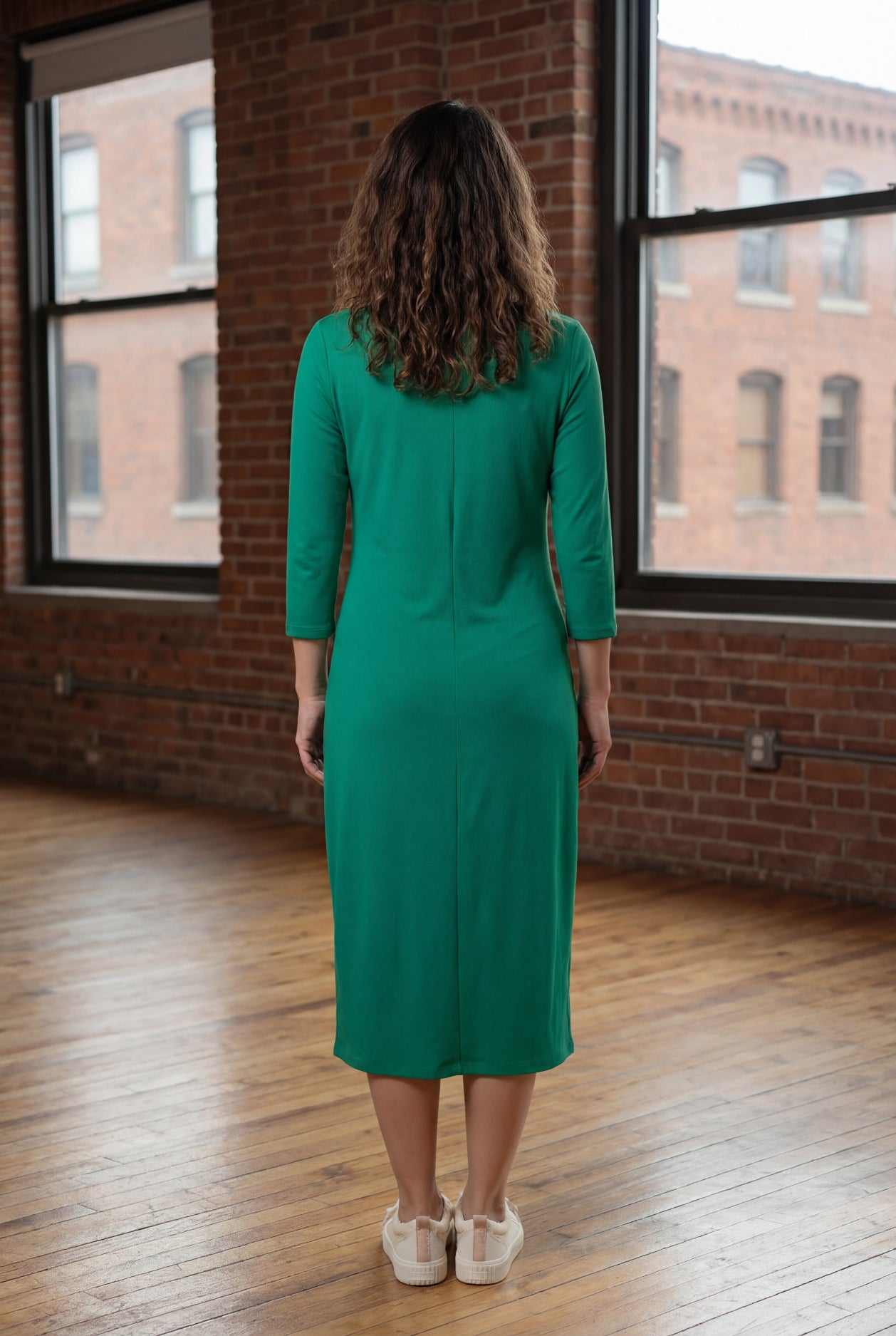 Model wearing Nuggles® Midi Layering Dress in Kelly Green