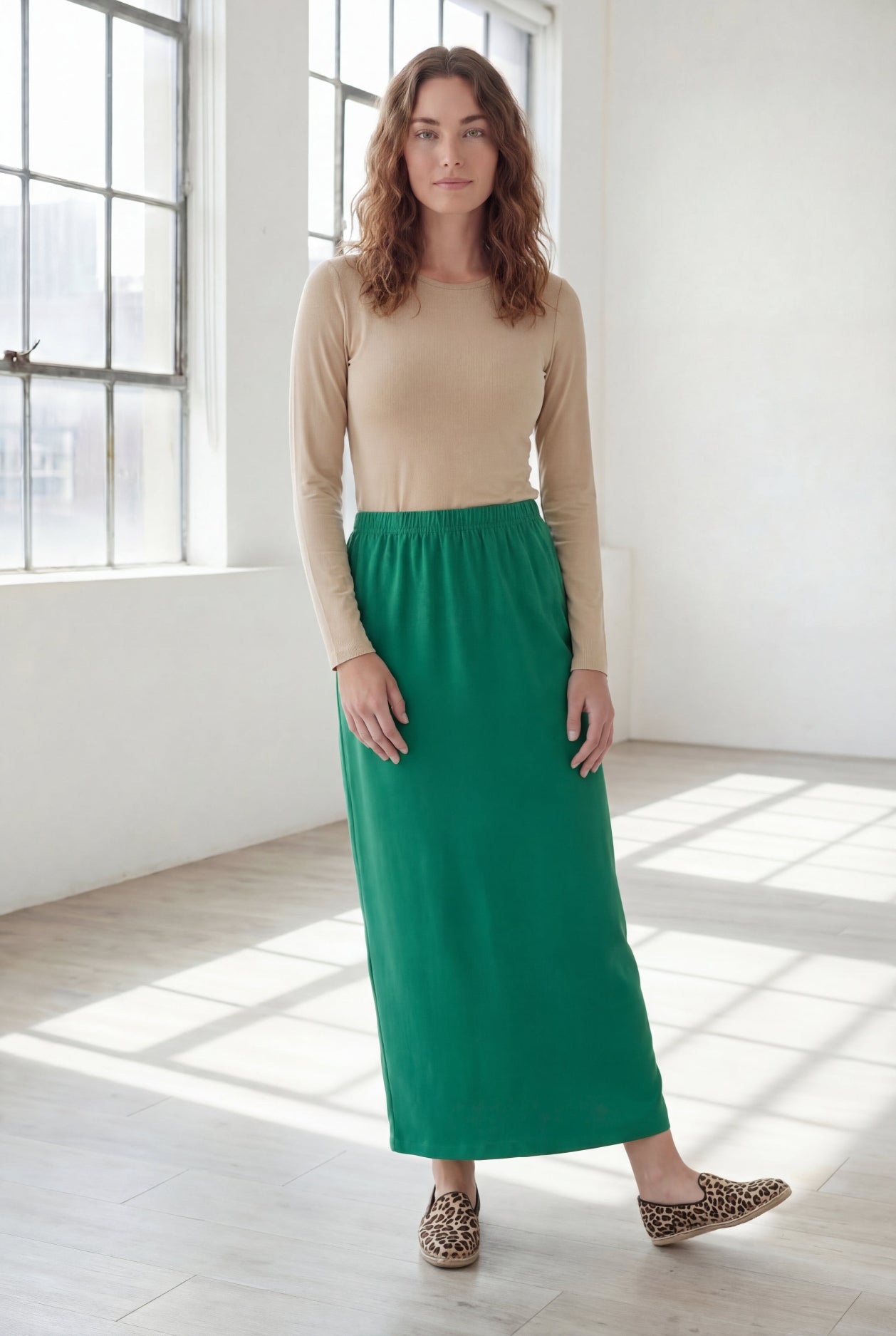 Model wearing Nuggles® 36" Classic Skirt in Kelly Green