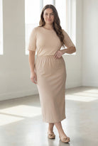 Model wearing Nuggles® 34" Classic Skirt in  Khaki