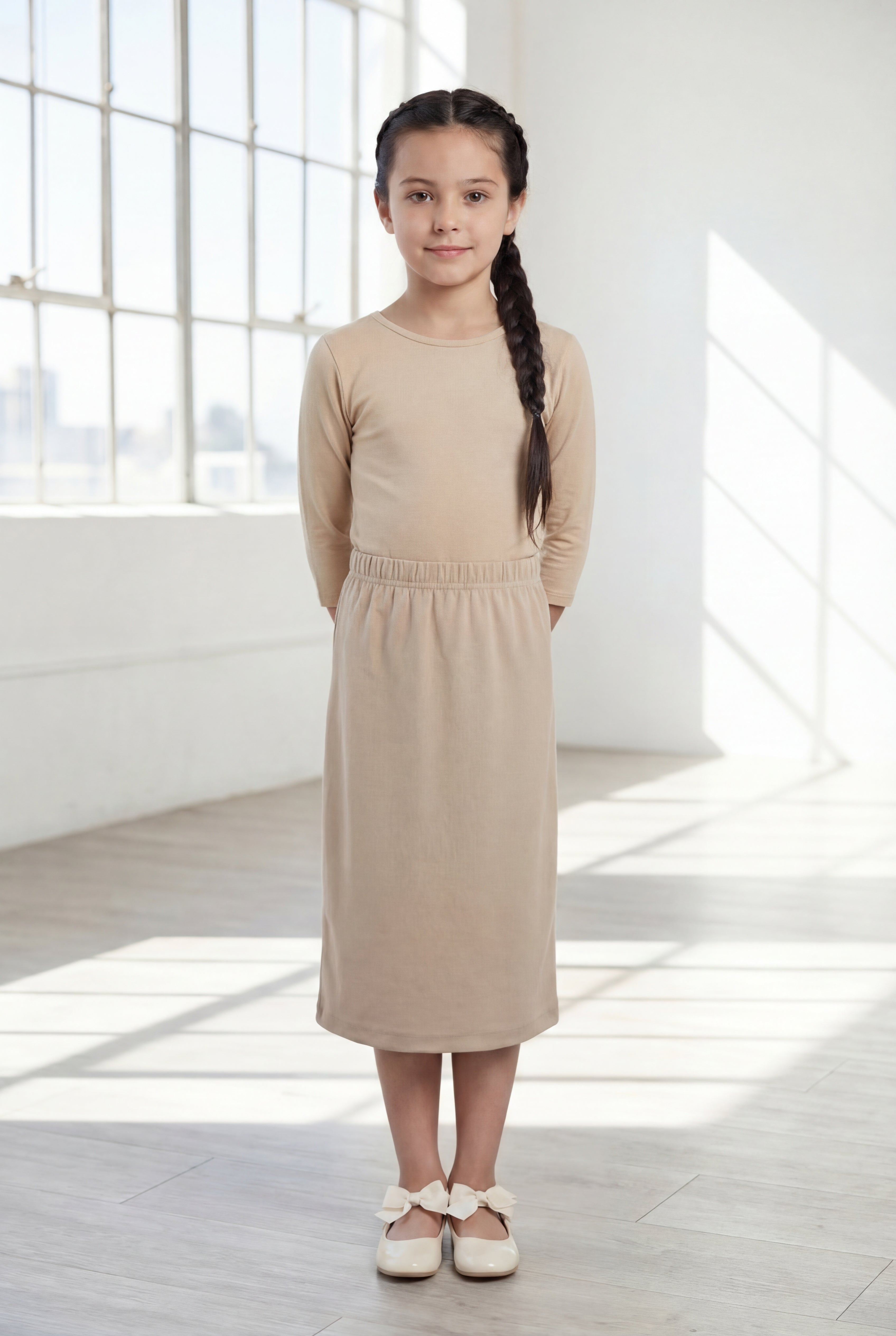 Our Nuggles® Girls' midi classic skirt in with elastic waistband and straight silhouette