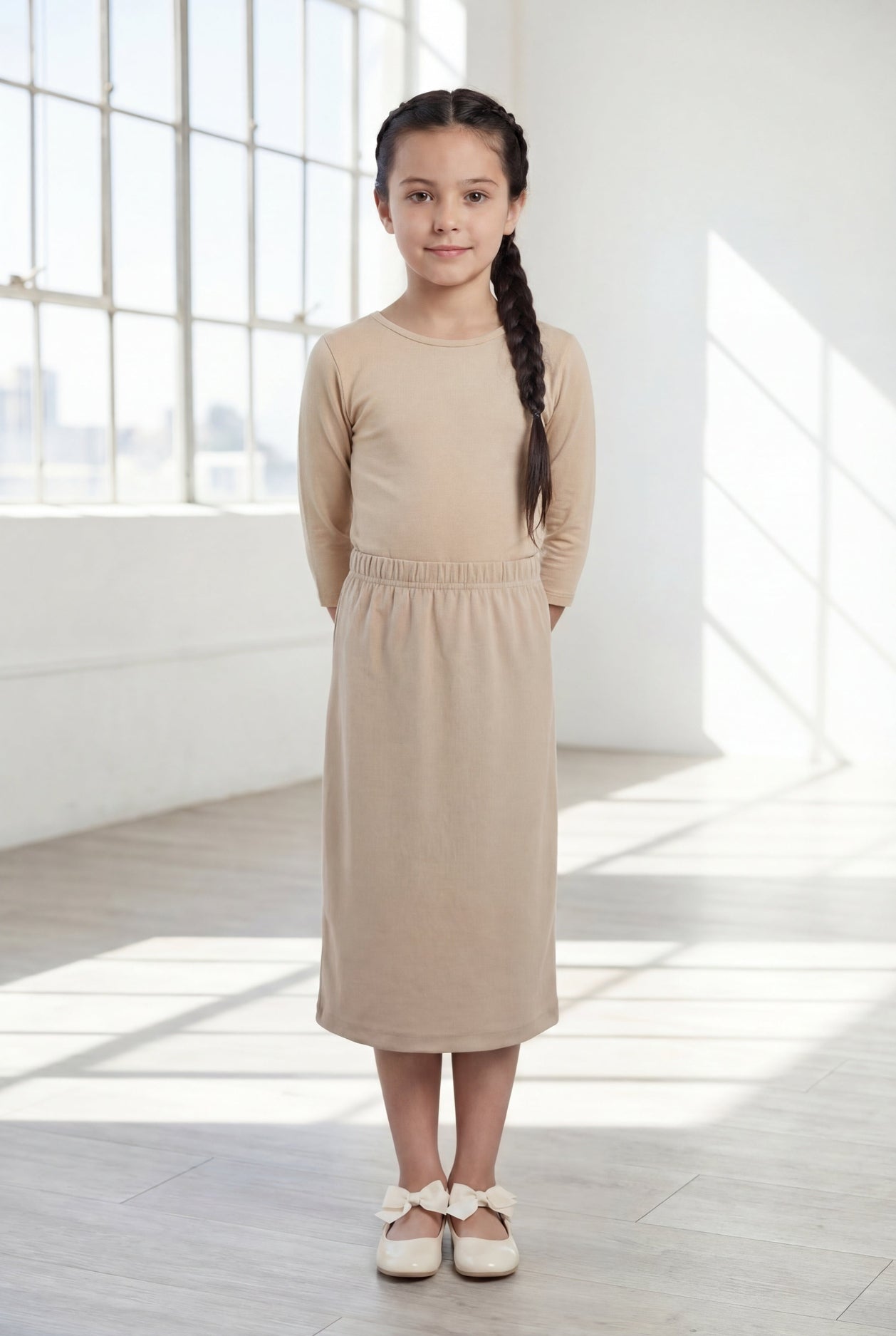 Model wearing the Nuggles® Girls' Classic Midi Skirt in Khaki