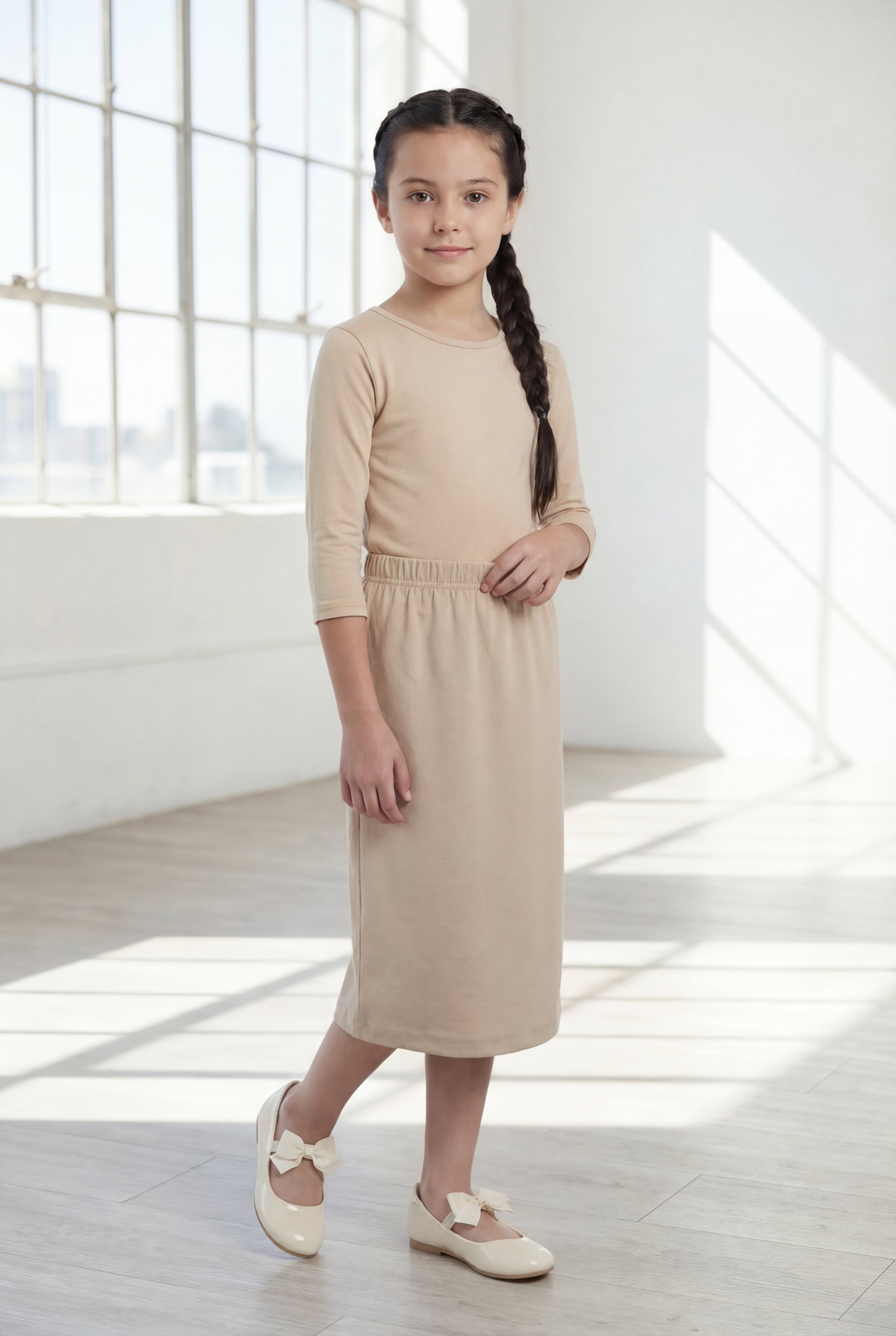 Our Nuggles® Girls' midi classic skirt in with elastic waistband and straight silhouette