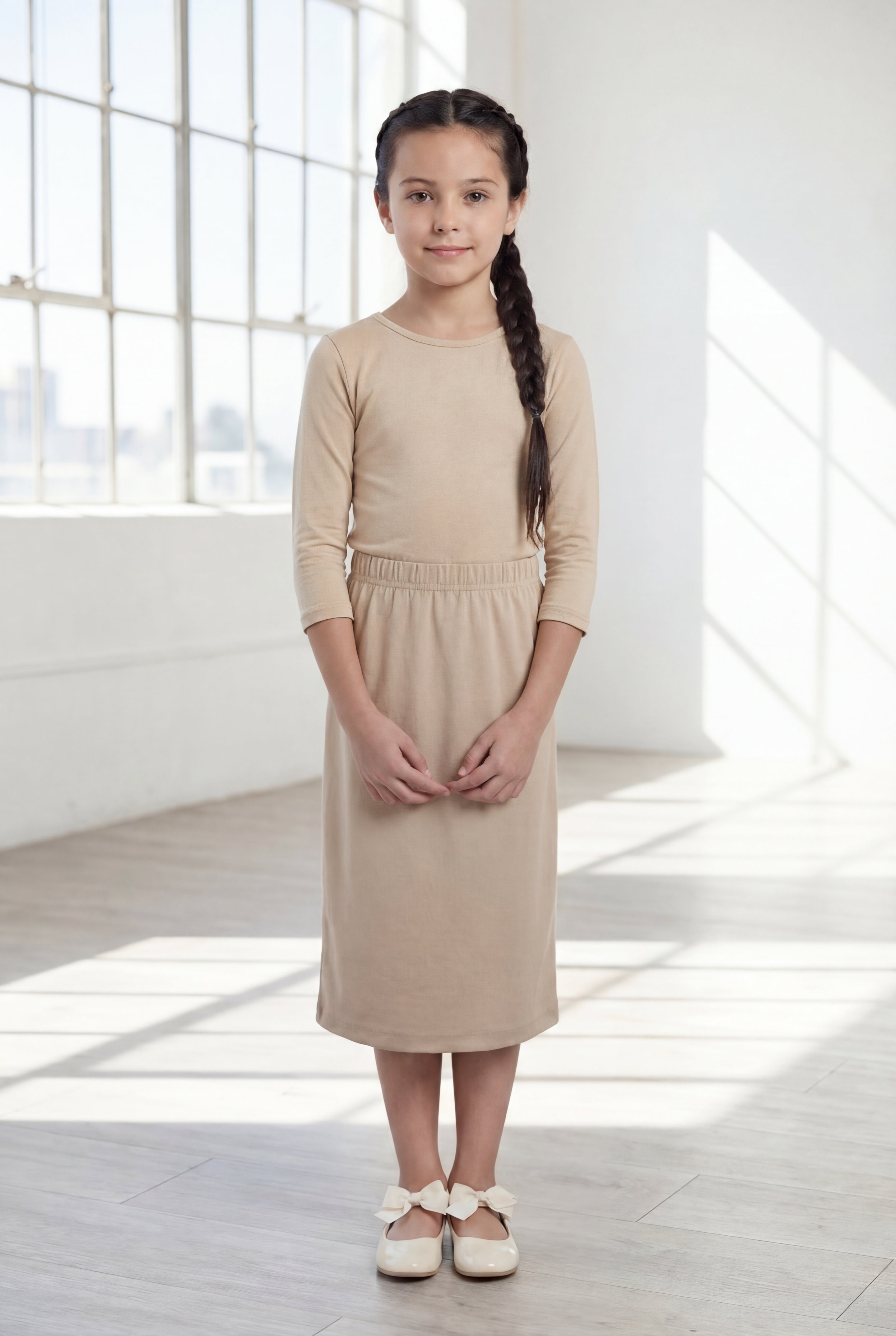 Our Nuggles® Girls' midi classic skirt in with elastic waistband and straight silhouette