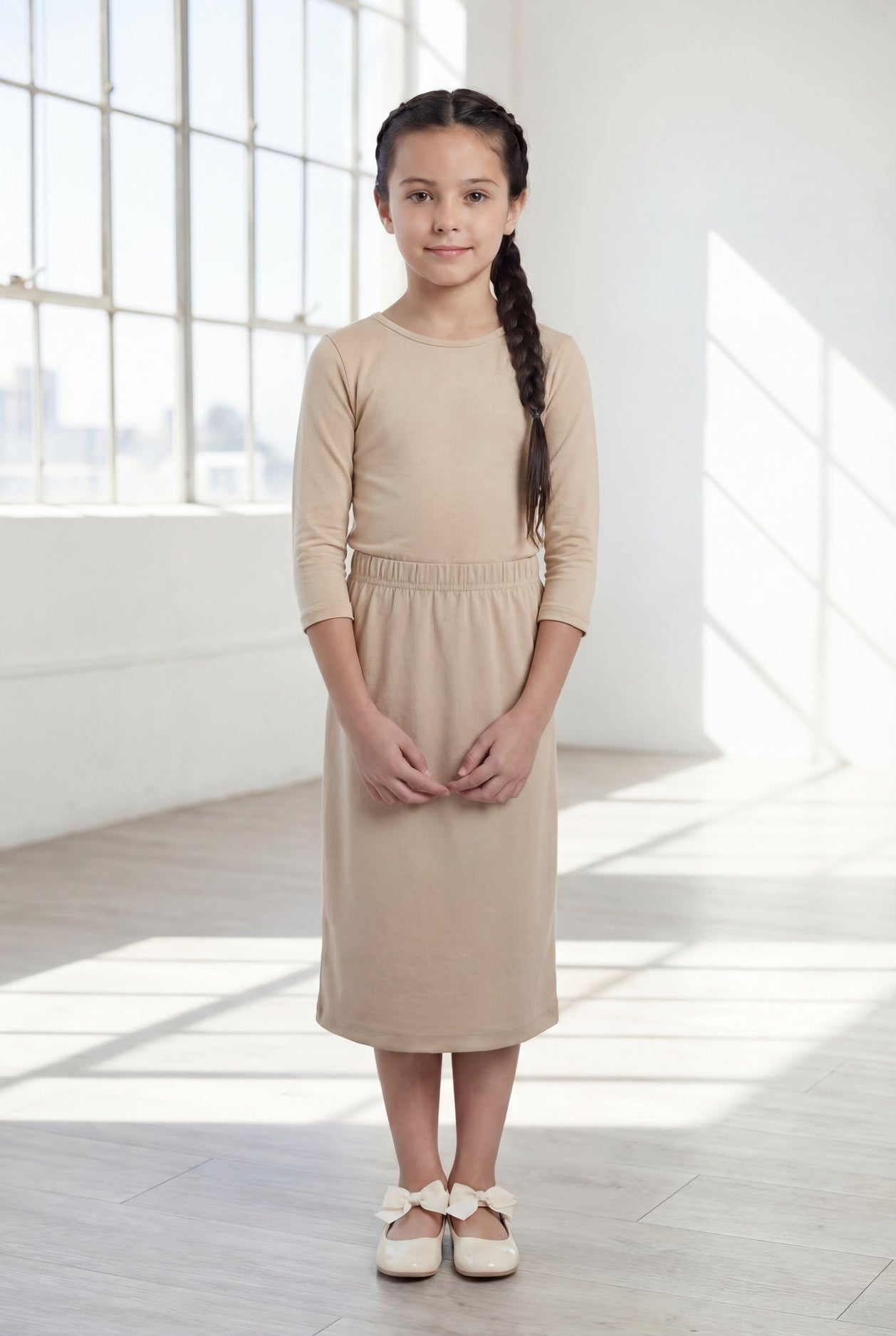 Model wearing the Nuggles® Girls' Classic Midi Skirt in Khaki