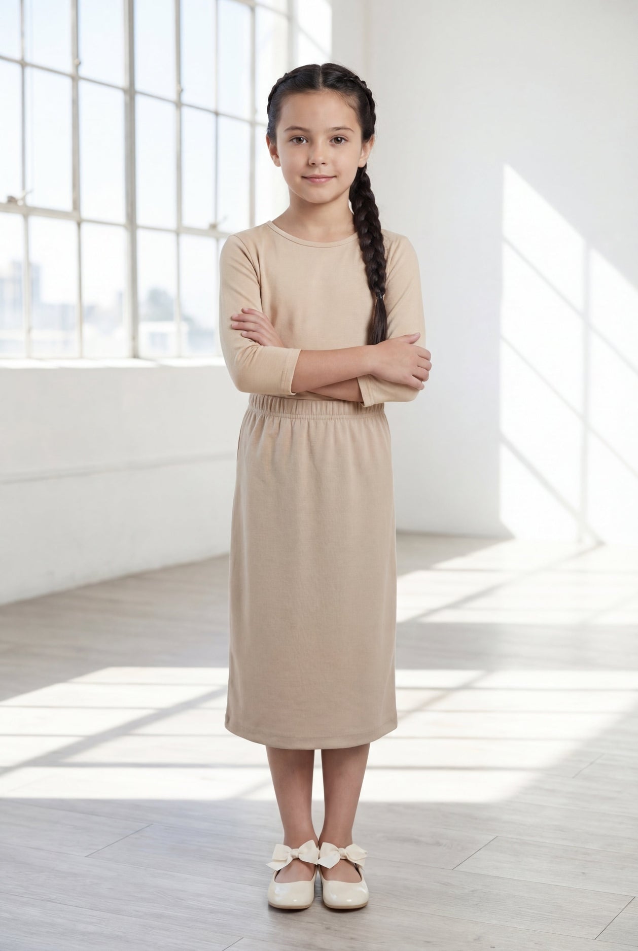 Model wearing the Nuggles® Girls' Classic Midi Skirt in Khaki