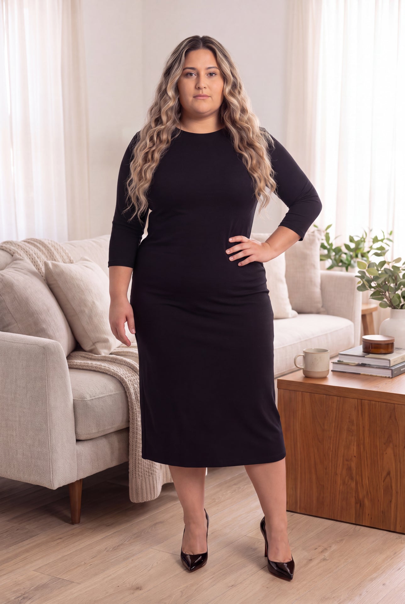 Model wearing Nuggles®  MididLayering  Dress in Black