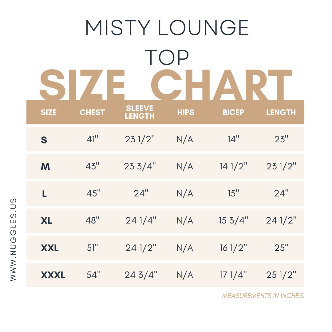 Misty Lounge Top size chart with chest, sleeve length, bicep, and length measurements for sizes S through 3X