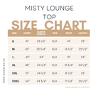 Misty Lounge Top size chart with chest, sleeve length, bicep, and length measurements for sizes S through 3X