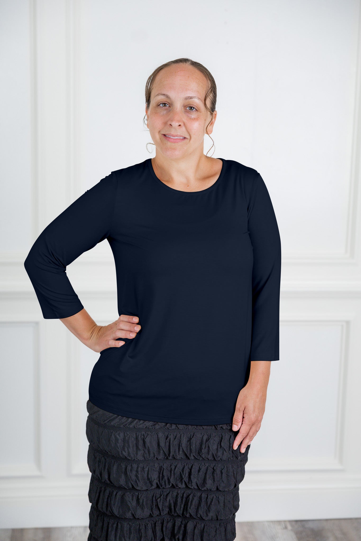 Relaxed Essential Tee styled with a modest skirt