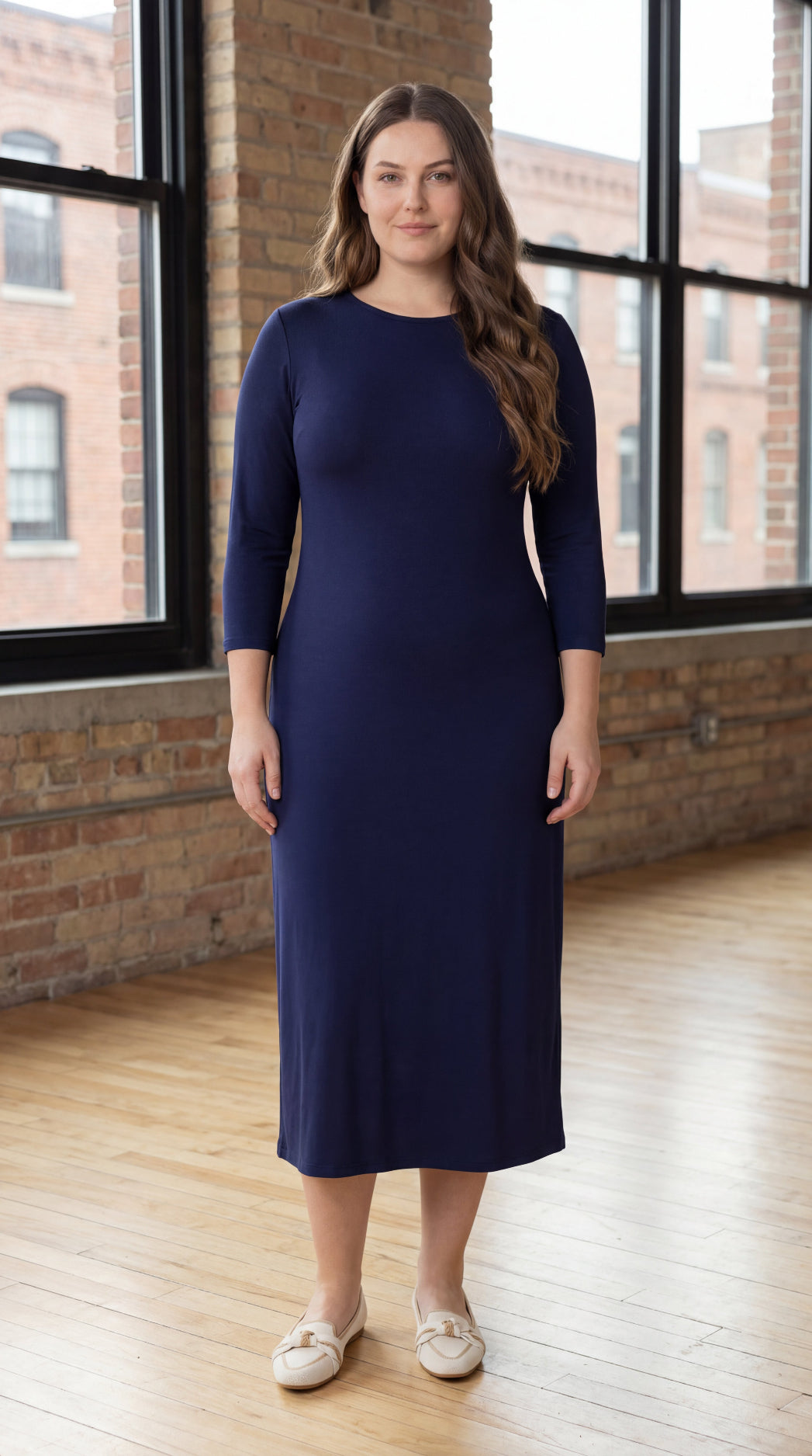 navy blue modest dresses Modest Pleated Flare Dress Bell Sleeves main image 1