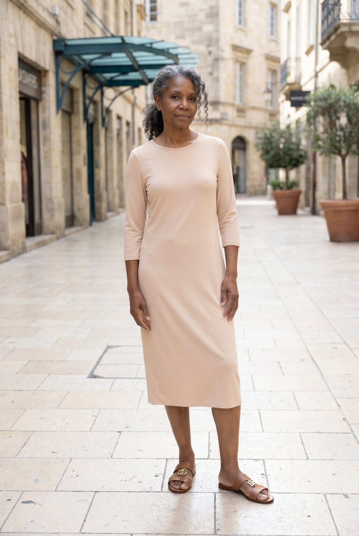 Model wearing Nuggles®  Midi Layering Dress in Nude