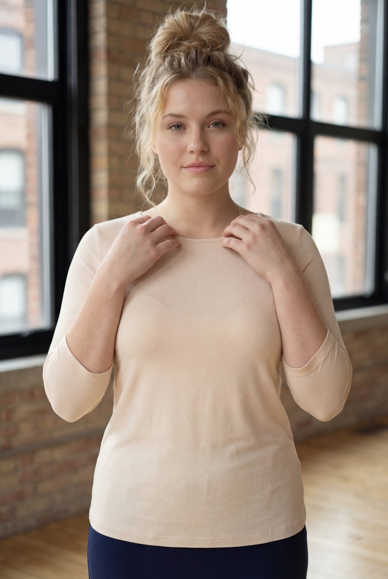 Model wearing Nuggles® 3/4 Essential Tee in Nude