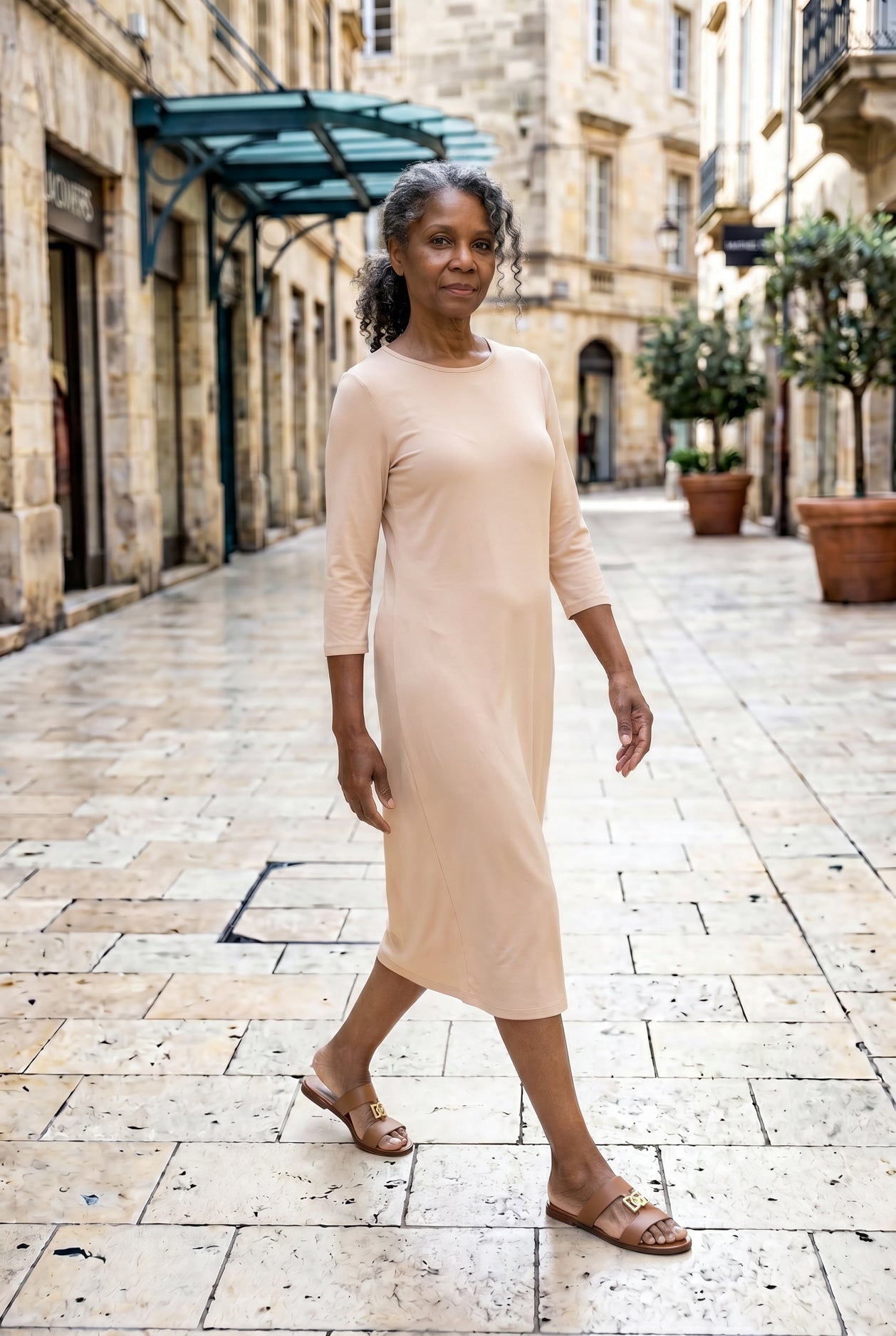 Model wearing Nuggles®  Midi Layering Dress in Nude