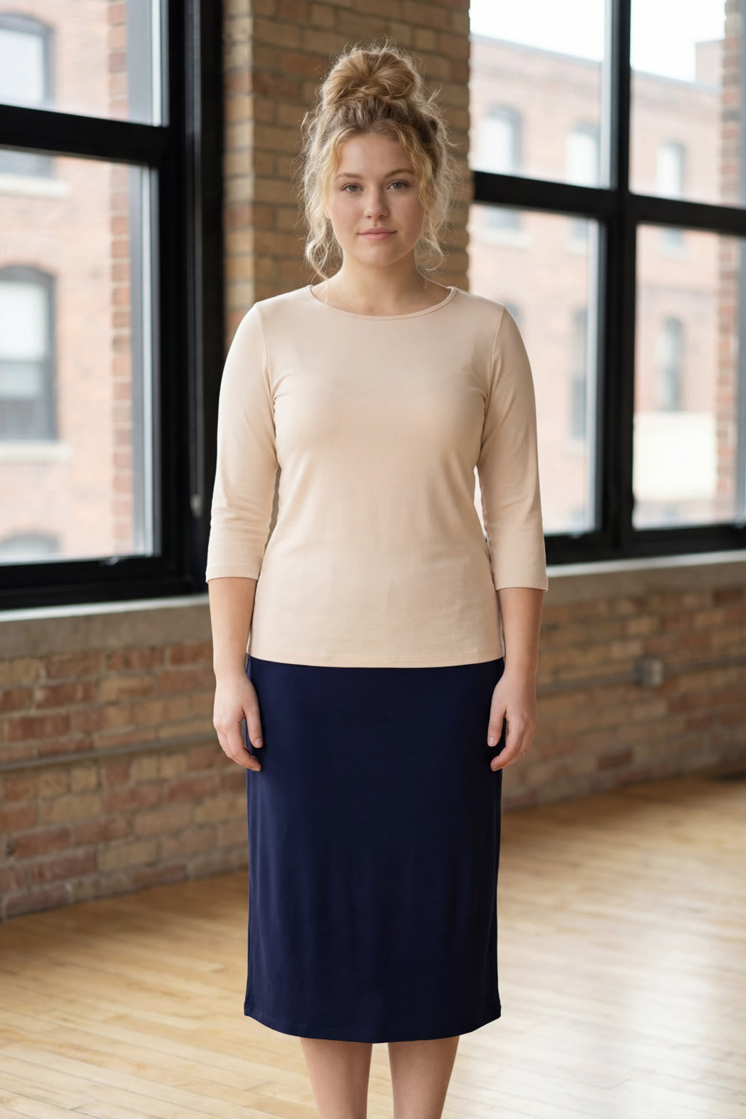 Model wearing Nuggles® 3/4 Essential Tee in Nude