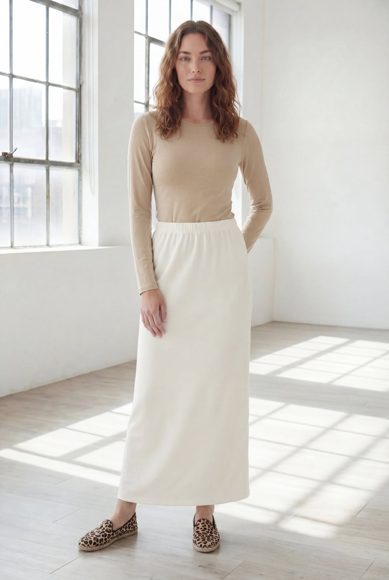 Model wearing Nuggles® 36" Classic Skirt in Off White
