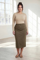 Model wearing Nuggles®  31" Classic Skirt in Olive Brown
