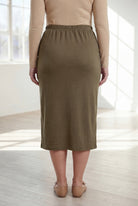 Model wearing Nuggles®  31" Classic Skirt in Olive Brown
