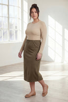 Model wearing Nuggles®  31" Classic Skirt in Olive Brown
