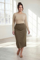 Model wearing Nuggles®  31" Classic Skirt in Olive Brown
