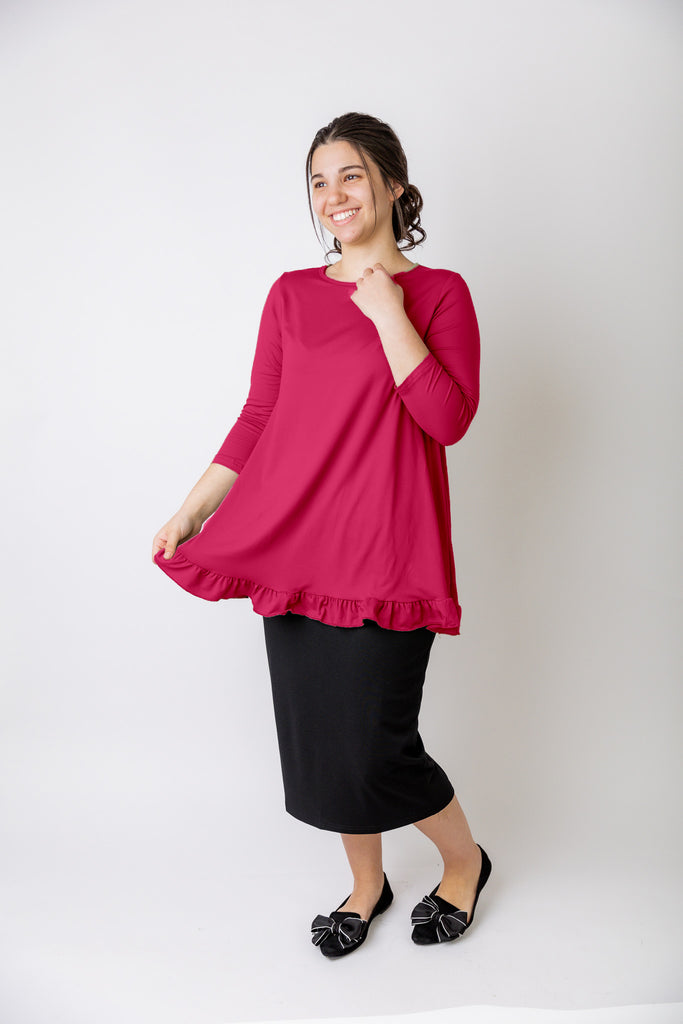 Avery collection modest 3/4 sleeve solid colors ruffle
