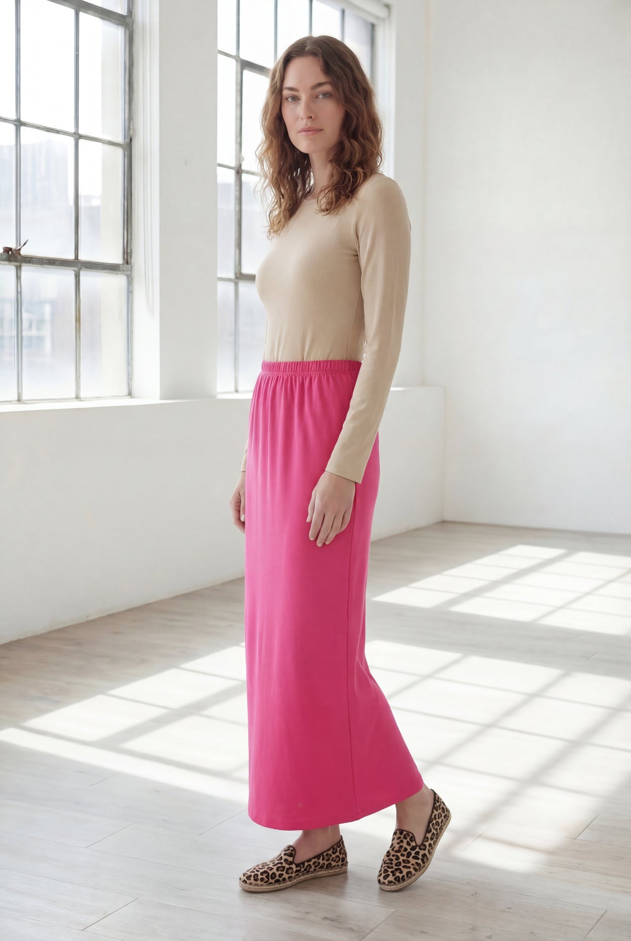 Model wearing Nuggles® 36" Classic Skirt in Pink