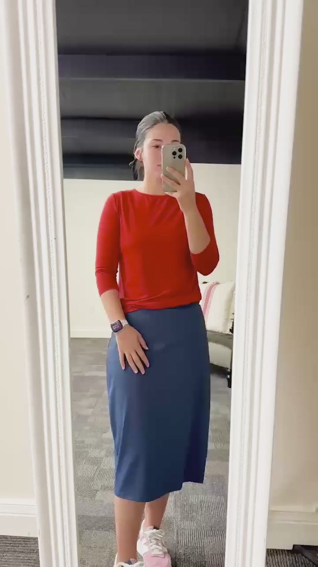 Model wearing Nuggles®  27" Sport Skirt in Slate Blue