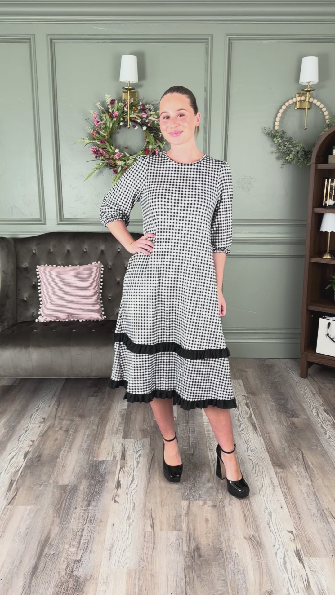 Model wearing the Modest Nuggles® Patricia Dress in our try on video