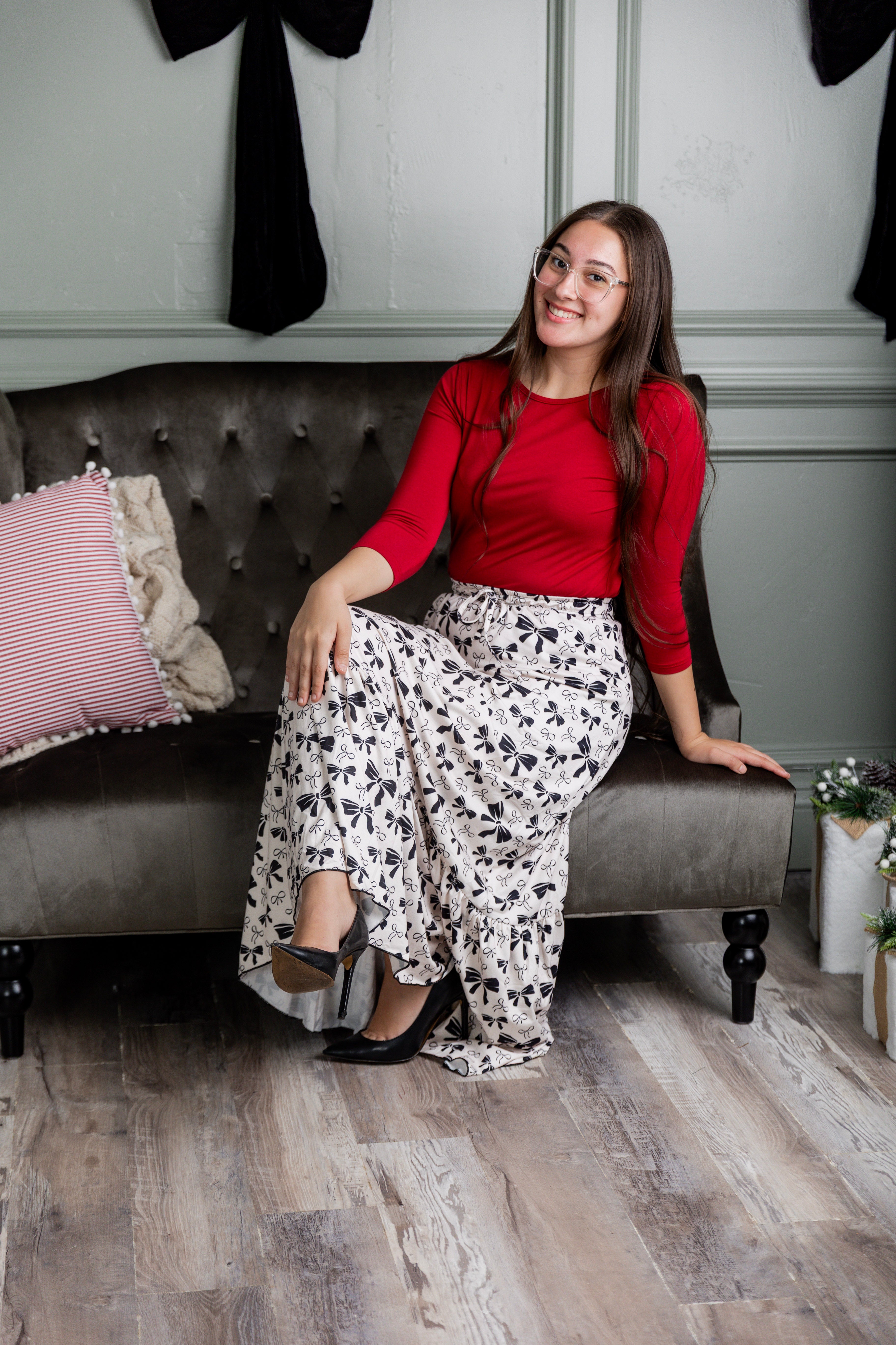 Model modeling the Nuggles® Sage Skirt, showing the fit and movement from multiple angles.