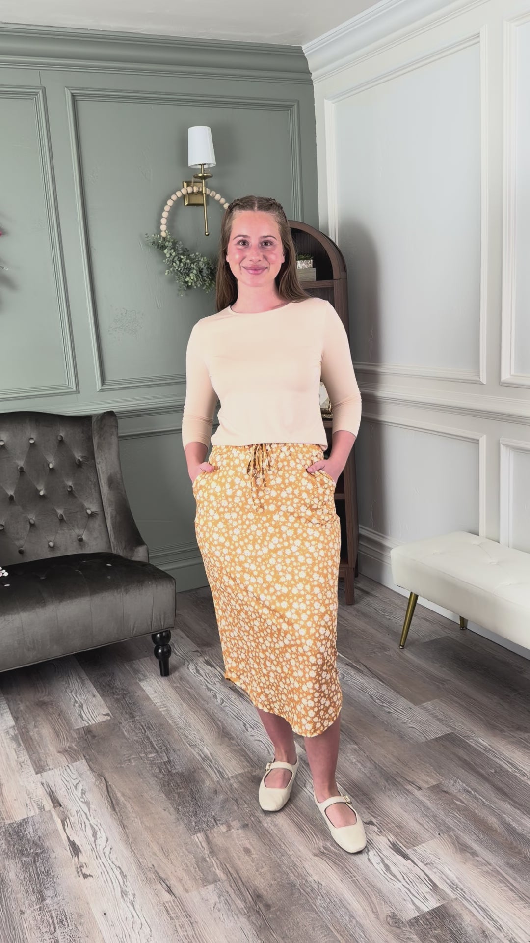 Try on video for Nuggles® 31" Drawstring Skirt with measurements in inches 