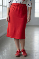 Model wearing Nuggles® 27" Classic Skirt in Red