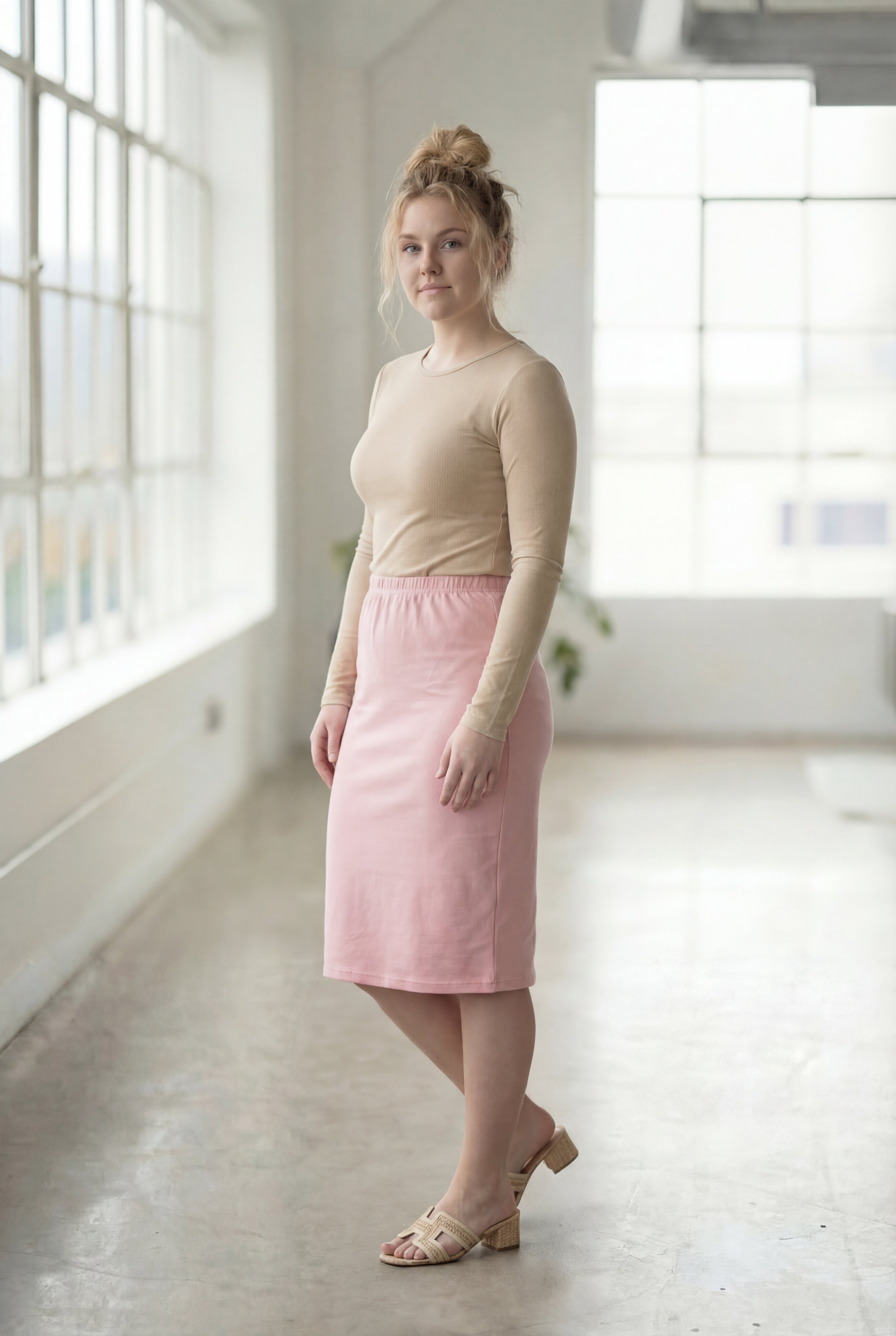 Women wearing a pink rose classic 27" midi length skirt with a beige shirt in a sunlight loft.