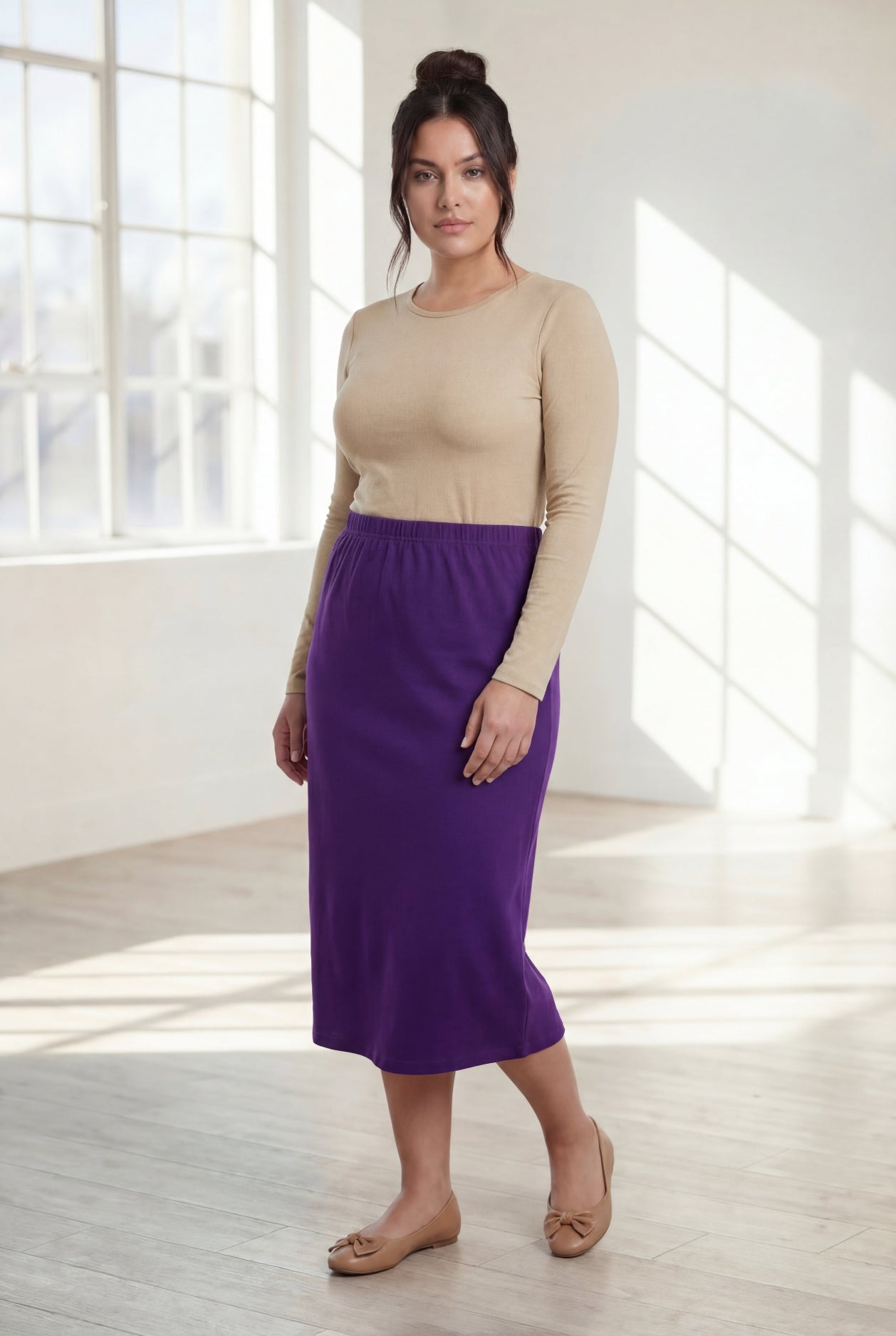 Model wearing Nuggles® 31" Classic Skirt  in Royal Purple