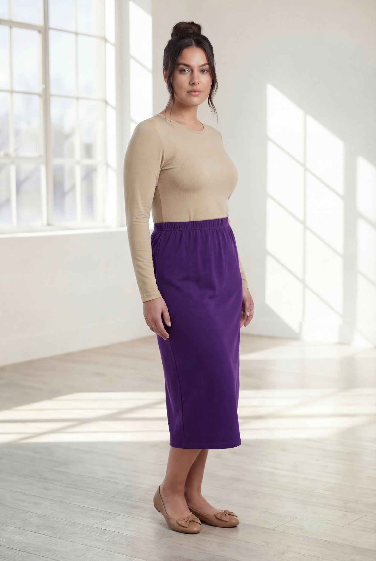 Model wearing Nuggles® 31" Classic Skirt  in Royal Purple