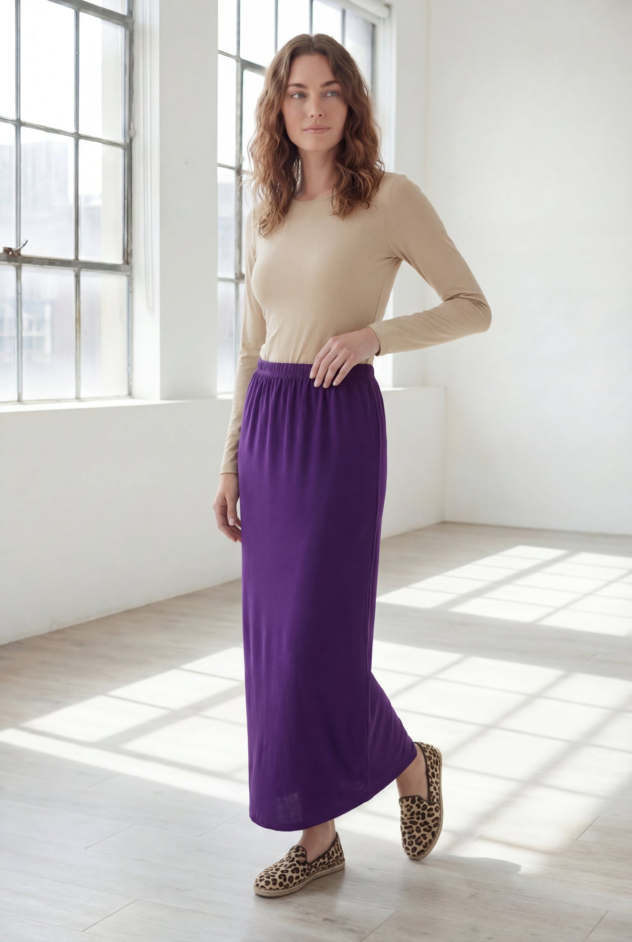 Model wearing Nuggles® 36" Classic Skirt  in Royal Purple