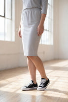 Model wearing Nuggles® 25" Classic Skirt in Silver