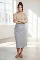 Model wearing Nuggles® 31" Classic Skirt in Silver