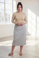 Model wearing Nuggles® 31" Classic Skirt in Silver