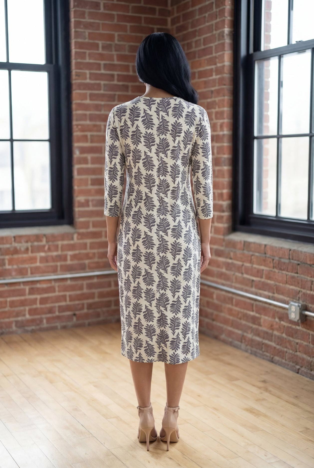 Model wearing Nuggles® Midi Layering Dress in Soft Fern