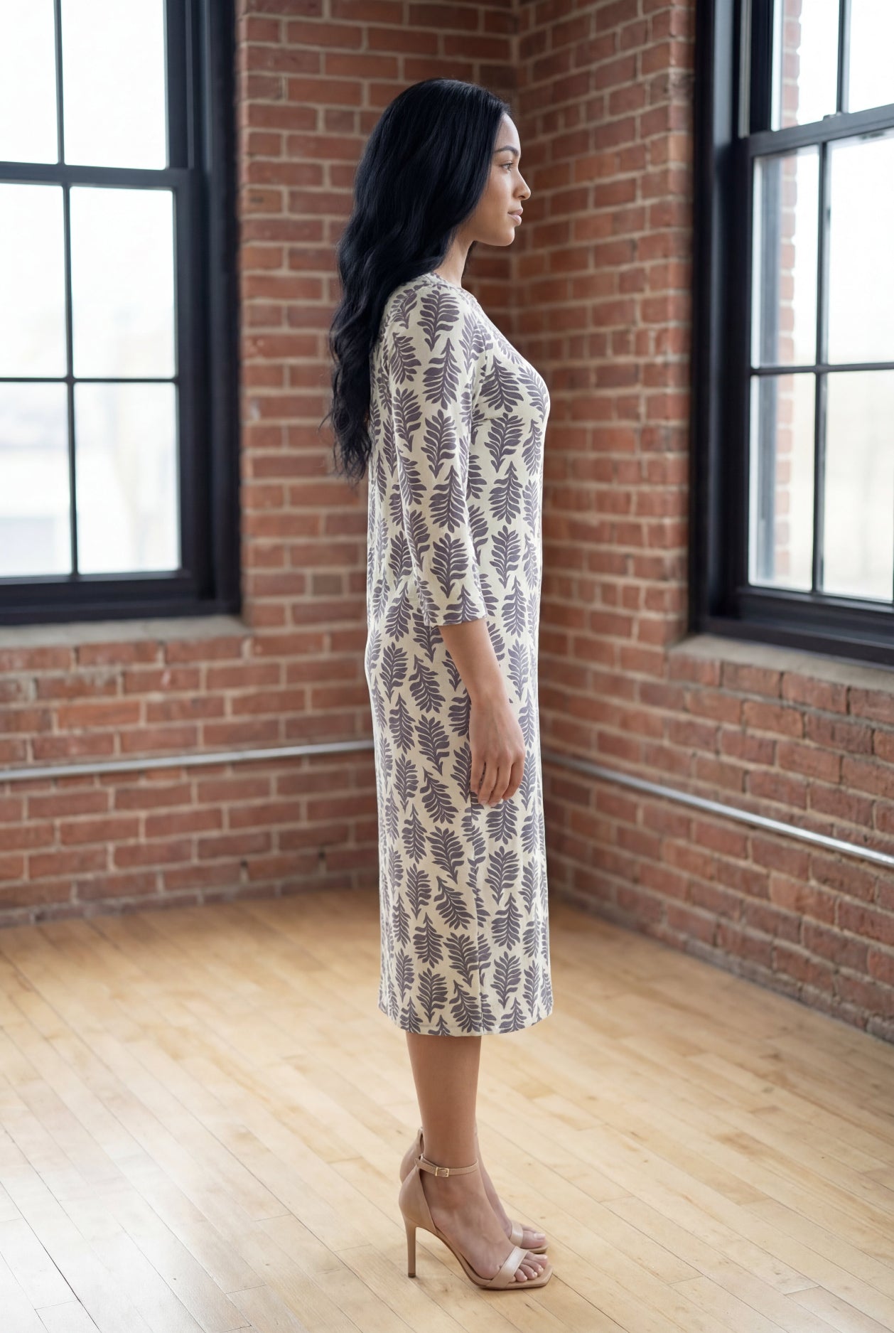 Model wearing Nuggles® Midi Layering Dress in Soft Fern