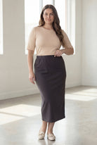 Model wearing Nuggles® 34" Classic Skirt  in Steel Gray