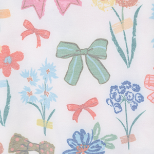 Nuggles® Garden Party fabric swatch — bows and garden florals in blue, pink and sage on cream