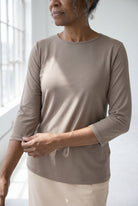 Model wearing Nuggles®  Half Sleeve Essential Tee in Taupe