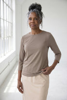 Model wearing Nuggles®  Half Sleeve Essential Tee in Taupe