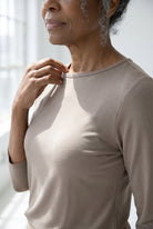 Model wearing Nuggles®  Half Sleeve Essential Tee in Taupe
