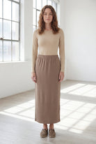 Model wearing Nuggles® 36" Classic Skirt  in Taupe
