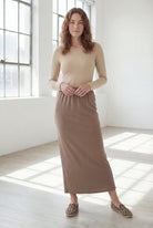 Model wearing Nuggles® 36" Classic Skirt  in Taupe