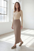 Model wearing Nuggles® 36" Classic Skirt  in Taupe