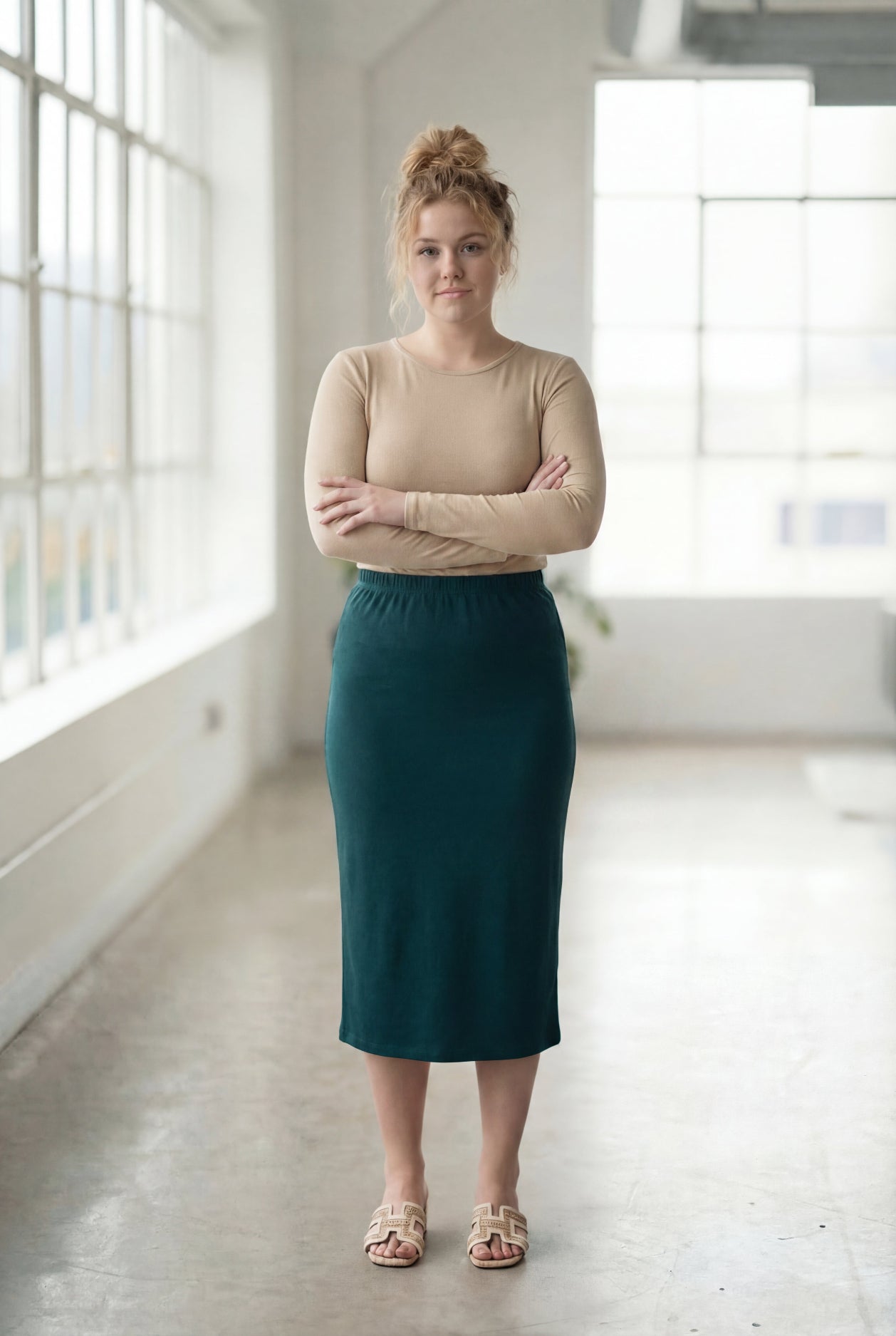 Model wearing Nuggles® 27" Classic Skirt  in Teal Green