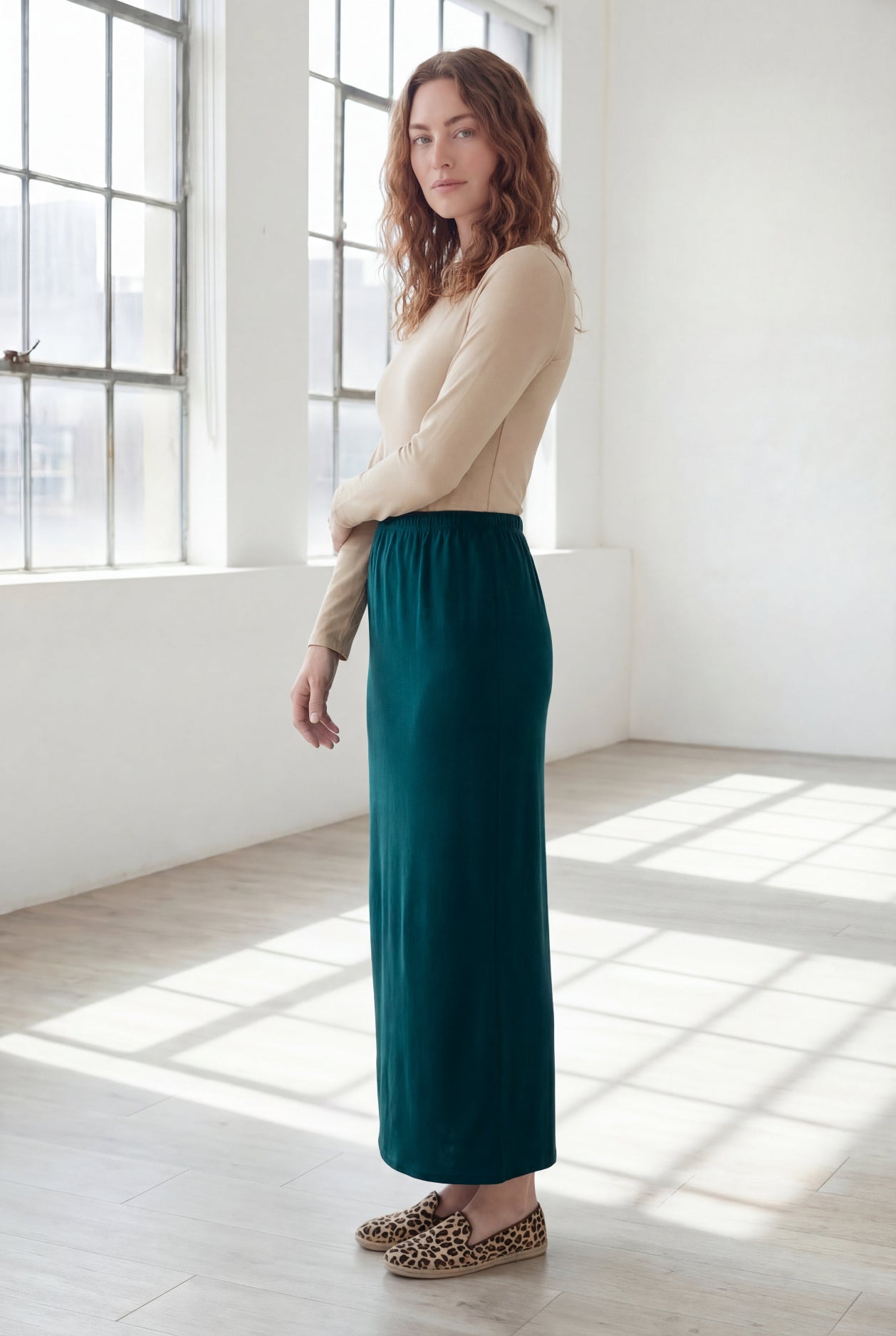 Model wearing Nuggles® 36" Classic Skirt  in Teal Green