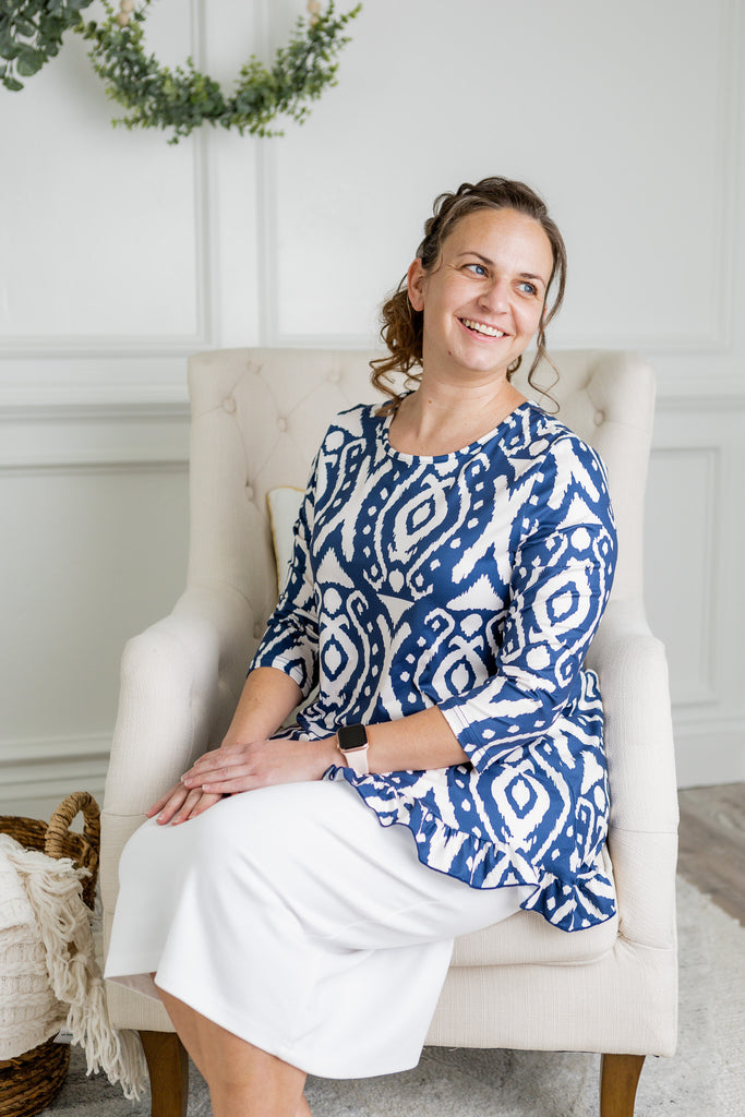 3/4 sleeve ruffle top pretty prints